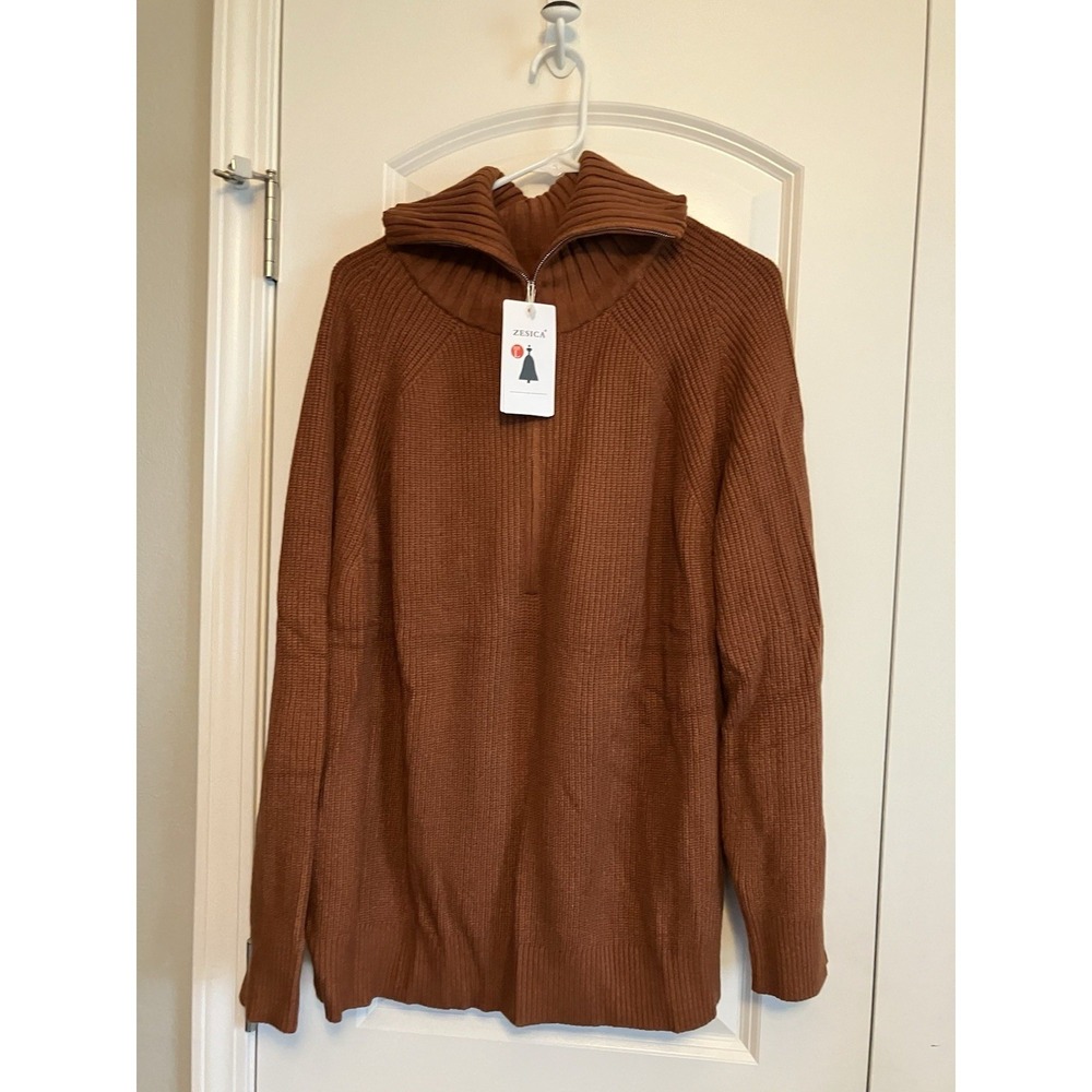 Zesica Turtleneck Zipper Sweater Womens Large Brown New Ribbed Pullover C345